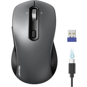 TECKNET Rechargeable Bluetooth Mouse, [ USB + BT5.0 + BT3.0 ] Wireless Mouse, Ergonomic 4-Way Scroll Wheel Computer Mice, 6-Level 4800 DPI Silent Mice, Multi-Device for Computer/Laptop/MacBook (Grey)