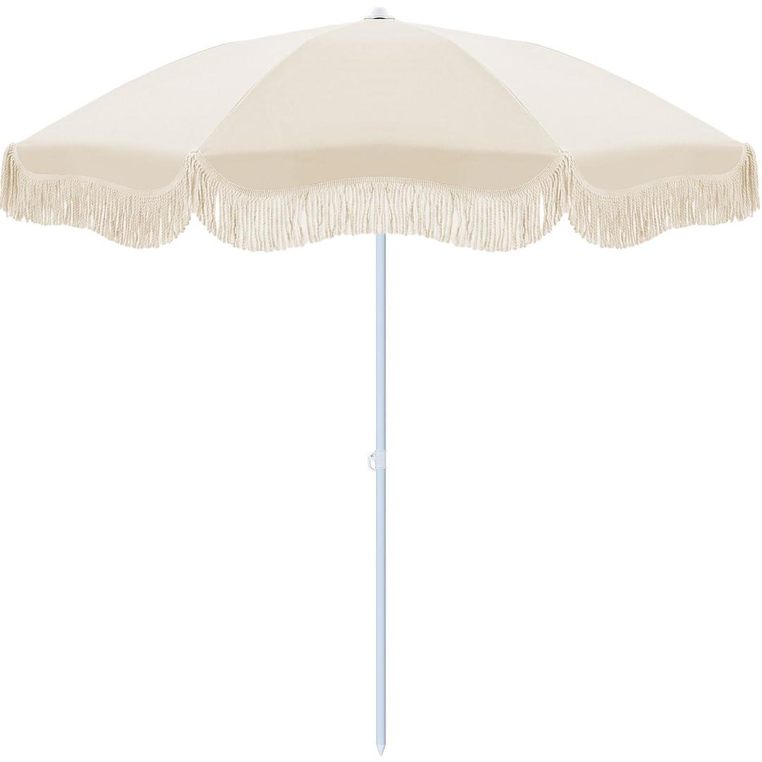 Klyyo Clyro 6.5ft Patio Umbrella with Fringe, UPF 50+ UV Boho Outdoor Beach Umbrella with Carry Bag, UV Protection Sun Shade with Tassels for Garden, Deck, Backyard, Poolside Decor(1 Pcs,with Tripod)