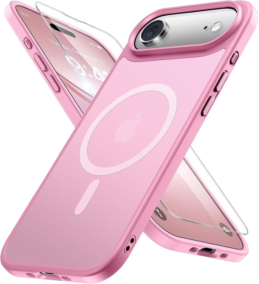 Miracase Magnetic for iPhone Air Case with Screen Protector(Compatible with MagSafe), Slim Thin Translucent Matte Military-Grade Protected Phone Cover for iPhone 17 Air 6.5", Light Pink