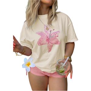 SOLY HUX Women's Plus Size Graphic T Shirts Y2k Floral Short Sleeve Crew Neck Tee Summer Preppy Aesthetic Tops (Yellow, XXL)