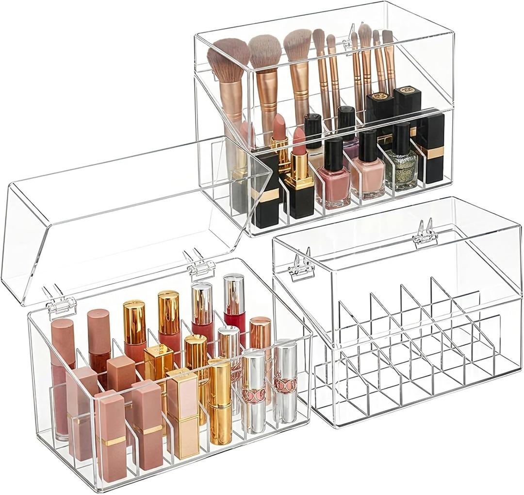 Foraineam 3 Pack Lipstick Holder Organizer with Lid, 18 Spaces Clear Acrylic Lipstick Display Stand Container, Dust-proof Beauty Makeup Storage Case for Cosmetic Dresser Vanity Cabinet Display