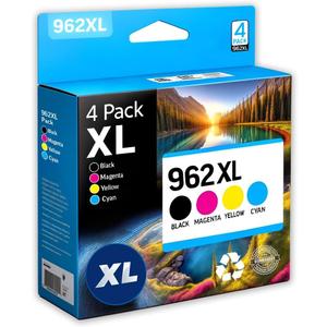 Compatible Ink Cartridge Replacement for 962XL. Works with OfficeJet Pro 9028 9029 9010 9015 9018 9025 9020 9012 9026 9027 Printers. 4 Pack (Black, Cyan, Magenta, Yellow)