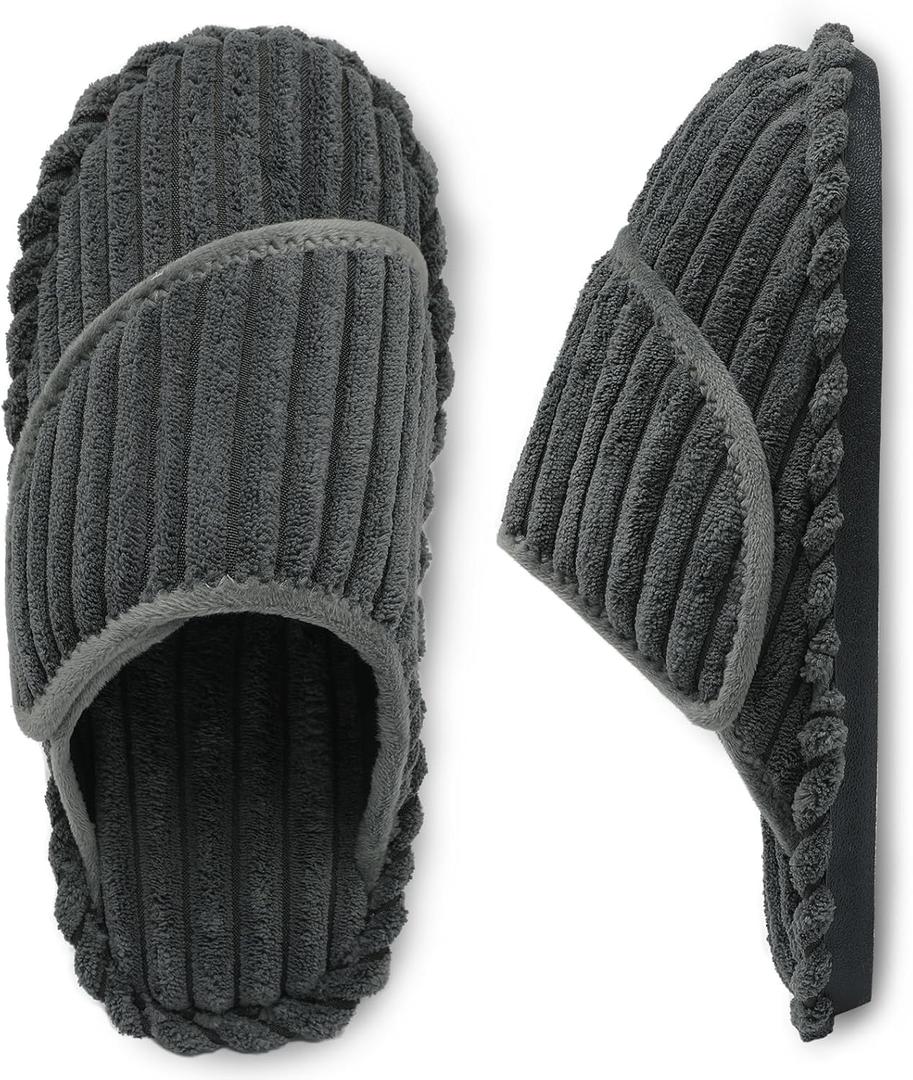 Besroad Slippers for Women Memory Foam House Bedroom Slippers Adjustable Corduroy House Slides Sandals Shoes (Gray, L)