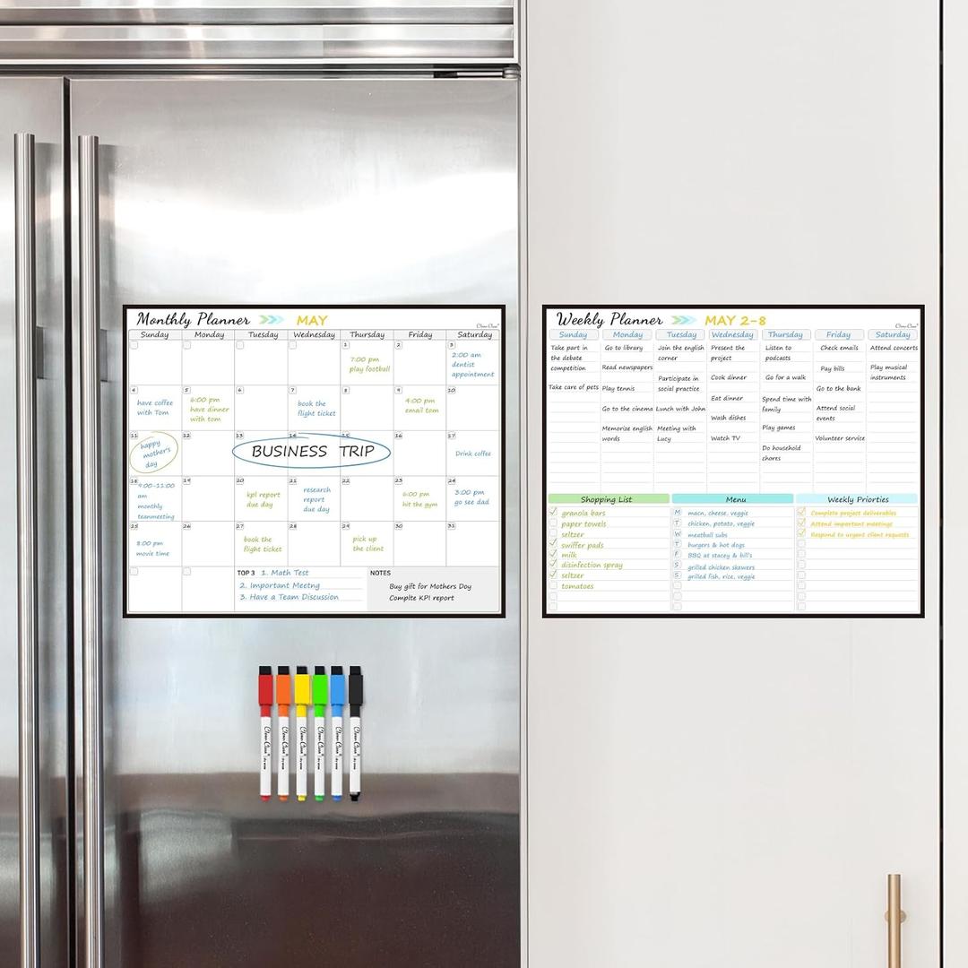 Clever Clean Non-Magnetic Monthly and Weekly Calendar for Fridge 16.5"x13.5" - Restickable Dry Erase Calendar Sticks to Most Smooth Surfaces - 6 Markers Included