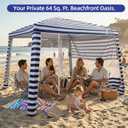 Jihfmo 8x8 Ft Large Beach Cabana Tent, UPF 100+ Windproof Sun Shelter for Family - 64 Sq Ft Big Shade Canopy with Sand Anchors & Cooling Silver Glue Coating, Easy Setup Portable Sunshade - Blue Stripe