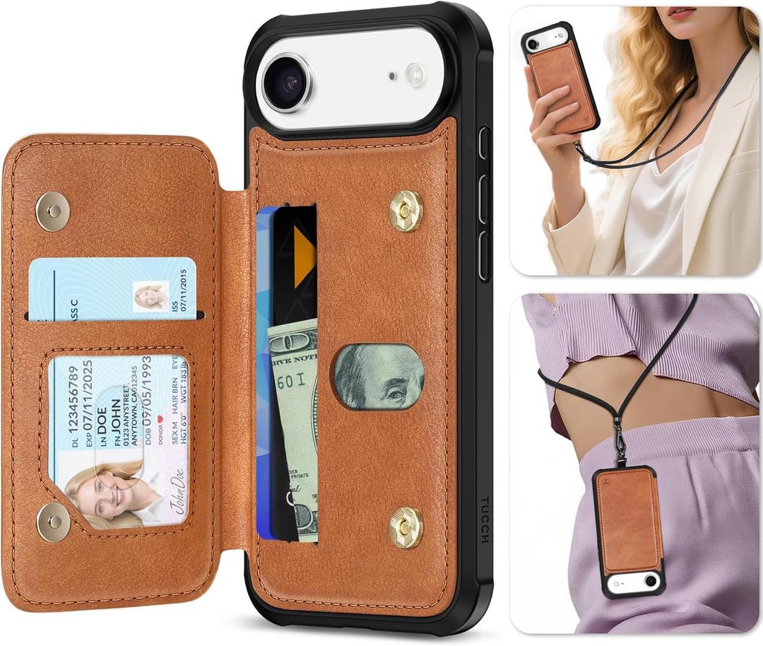 TUCCH Card Case for iPhone Air (6.5"), RFID Blocking 3 Card Holders | Undetachable Wallet | Crossbody Lanyard Strap | Clear ID Window | Magnetic Closure | PU Leather | Shockproof Phone Cover | Brown