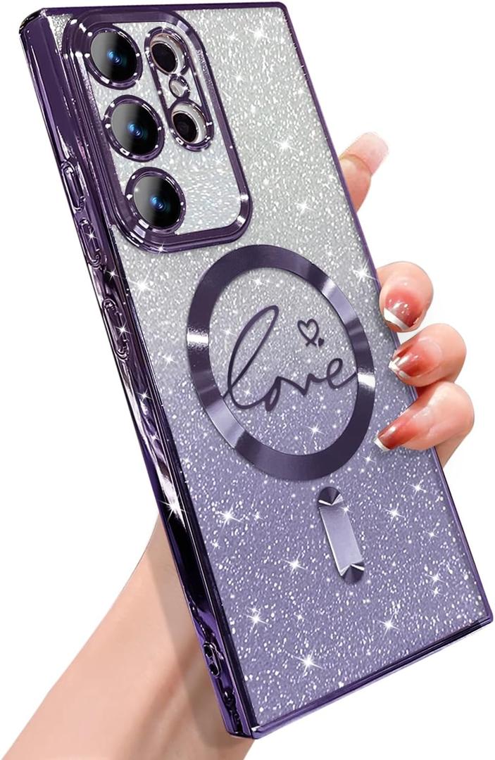 for Samsung Galaxy S23 Ultra Case Magnetic,for Women Girl Soft Cute Luxury Love Heart Plating Bling Gradient Glitter Phone Case Compatible with MagSafe Clear Shockproof Back Cover 6.8-Purple