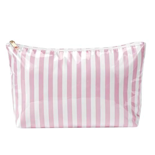 Large PVC Waterproof Striped Makeup Bag,Clear Coated Cosmetic Bags,Easy to Clean,Travel Organizer Zipper Pouch Beach Vacation Essentials for Women Girls(04Pink Stripe)