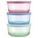 Pyrex Colors (3-Pack, Medium) Tinted Glass Round Food Storage Container Set, Snug Fit Non-Toxic Plastic BPA-Free Lids, Freezer Dishwasher Microwave Safe, 2 Cup, 4 Cup & 7 Cup, Blue