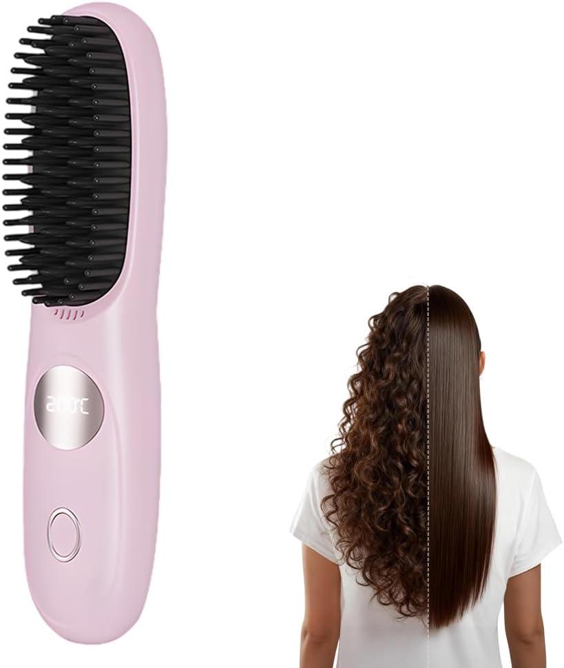 Go Brush, 2026 Cordless Portable Straightener Brush for Travel, USB Rechargeable Hair Straightener Brushs with LED Display for Women (Pink)