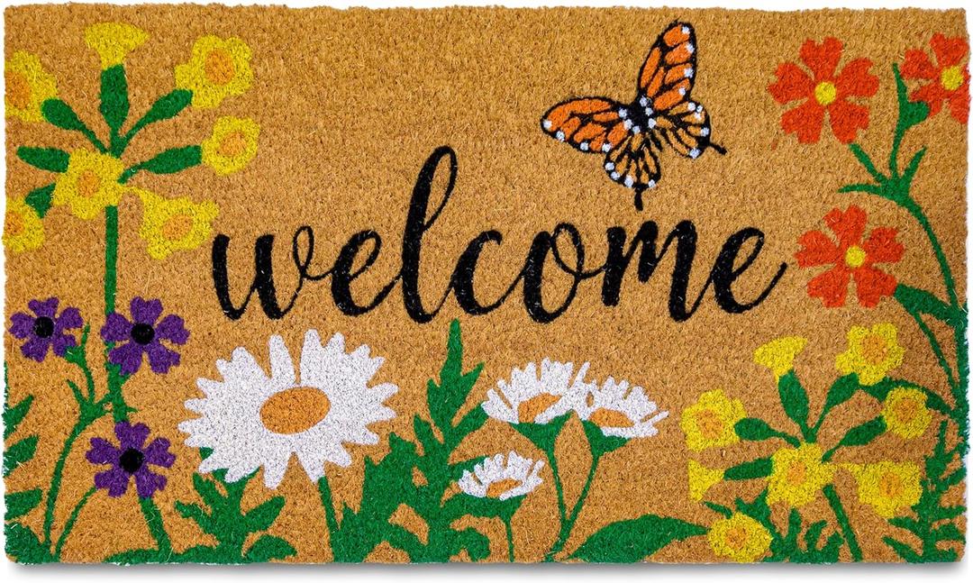 MAINEVENT Door Mat Floral 30x17 Inch, Flower Doormat, Coir Doormat for Covered Outdoor Area, Welcome Mat for Outside Entrance, Floral Outdoor Rug