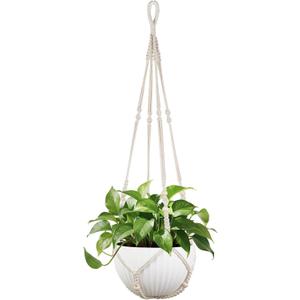Mkono 43 Inch Macrame Plant Hanger Large for up to 12 Inch Pot Extra Long Hanging Plant Holder No Tassels Hanging Planter Basket with Wood Beads for Indoor Outdoor Boho Home Decor, Ivory