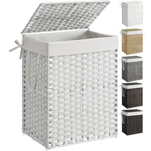 SONGMICS Laundry Hamper with Lid, 23.8 Gallon (90 L) Synthetic Rattan Clothes Laundry Basket with Lid and Handles, Foldable, Removable Liner, Cloud White ULCB51WT