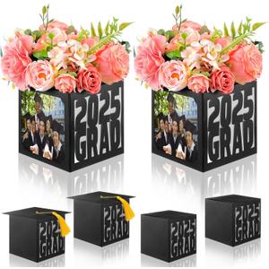 Geelin 4 Pcs Graduation Box Centerpieces Black Graduation Photo Display 5 x 5 x 5.1 Inch 2025 Grad Party Favor Gift College Cap Picture Box with Tassel for Grad Table Decoration