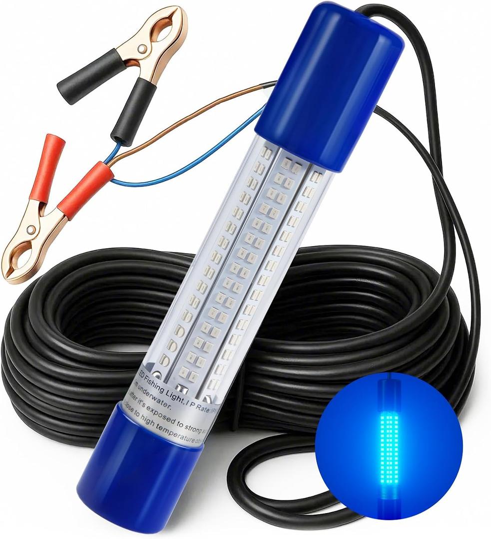 Underwater Fishing Light, 12V/24V, 26ft Cable, 5 Colors, Winder Included | 26ft Cable with a Cable Winder for Easy Storage Alligator Clips Provide Quick 12V/24V Connection; IP68 Waterproof