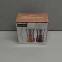 LessMo Salt and Pepper Grinder Set with Wooden Standing Tray, Refillable Pepper Mill Set - Brushed Stainless Steel - Short Glass Shakers with Adjustable Coarseness for Peppercorn, Salt or Spice Mills