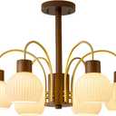 KCO Lighting 6-Lights Ribbed Milk Glass Chandelier Farmhouse Rustic Walnut Wood Chandelier Lighting Frosted White Globe Pendant Light Mid Century Modern Gold Semi Flush Mount Ceiling Light