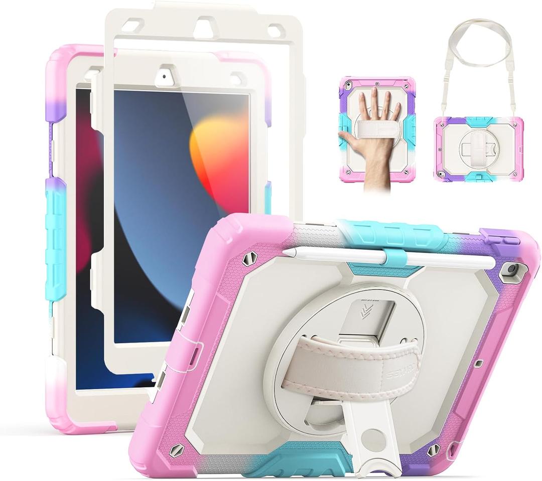 SEYMAC Kids Case for iPad 9th/8th/7th Generation 10.2", Full-Body Shockproof Heavy Duty Protective Case with Screen Protector, Rotating Stand/Handle/Shoulder Strap, Colorful Pink SEYMAC Kids Case for iPad 9th/8th/7th Generation 10.2", Full-Body Shockproof Heavy Duty Protective Case with Screen Protector, Rotating Stand/Handle/Shoulder Strap, Colorful Pink
