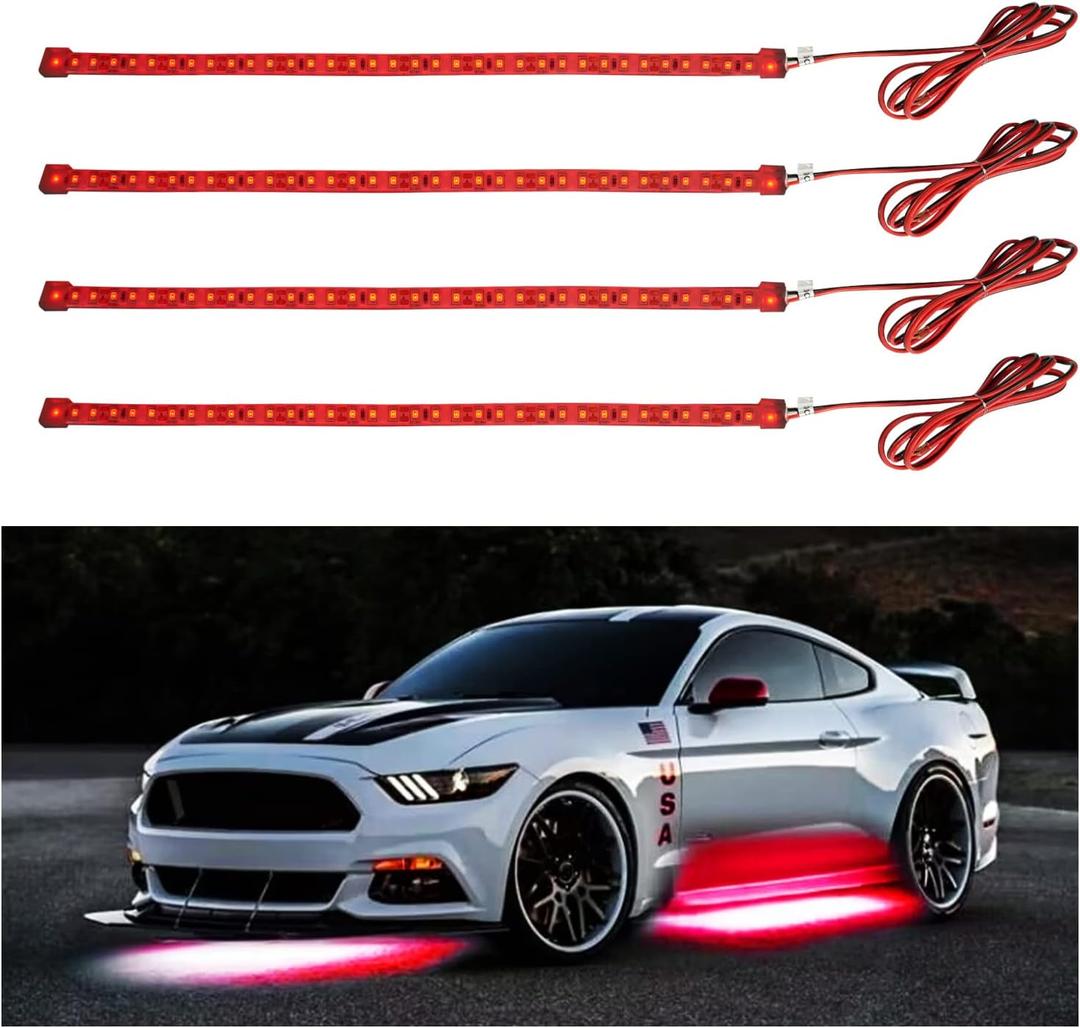 YM E-Bright LED Strip Light 30CM Waterproof for Car Motorcycles Decoration Vehicle Interior Exterior DRL Daytime Running Flexible DC12V,Red(Pack of 4)