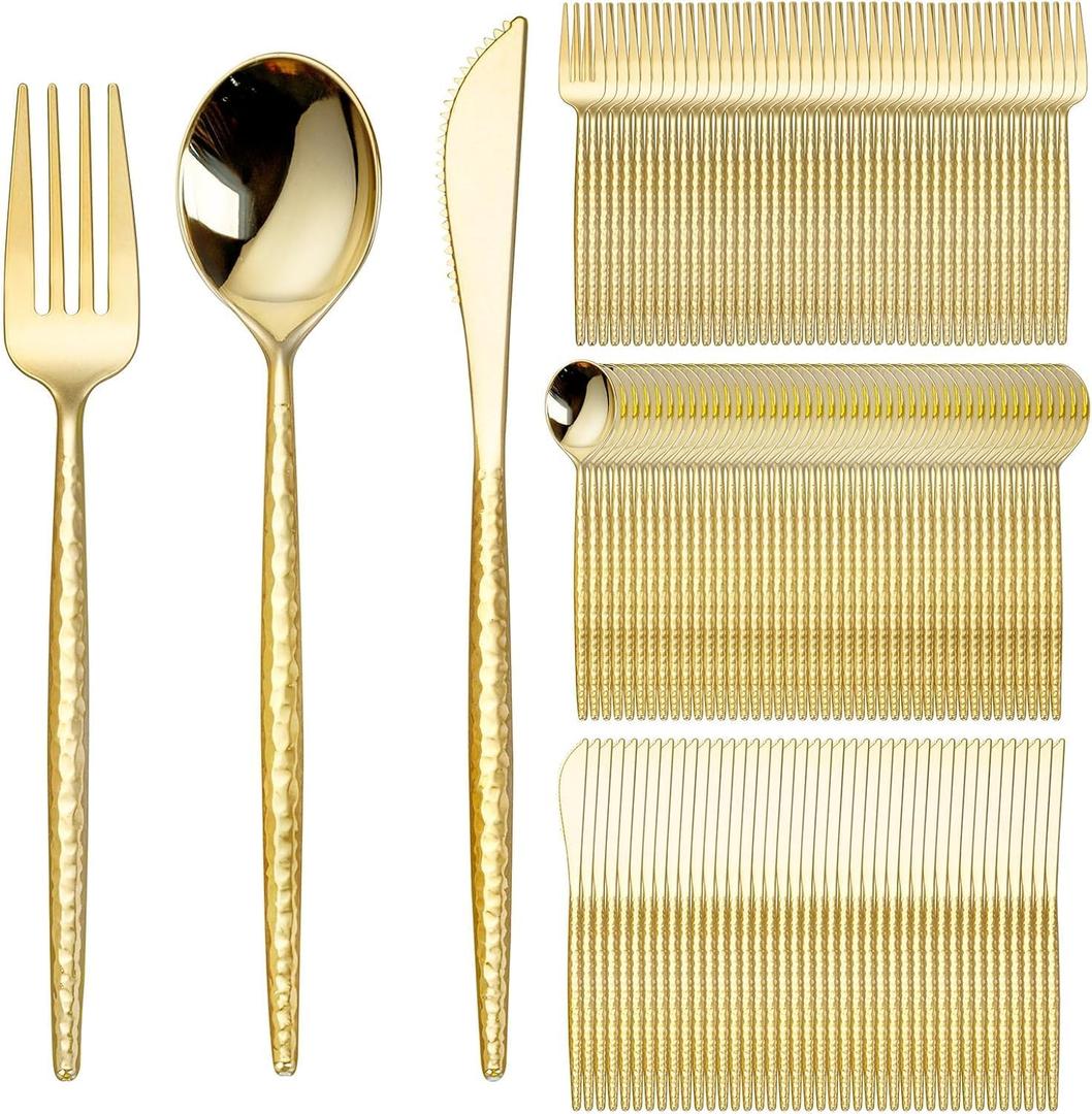 SUT 300PCS Gold Plastic Silverware, Gold Plastic Utensils, Heavy Duty plastic Silverware, Includes:100 Knives, Forks and Spoons, Birthday, Wedding, Hammered silverware Set