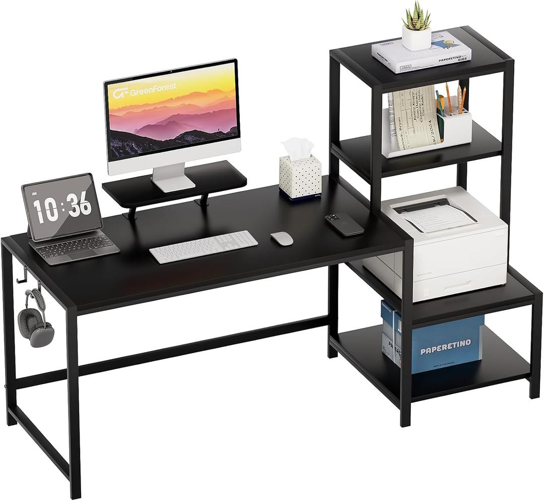 GreenForest Computer Desk 58 inch with Printer Shelf, Reversible Office Desk with Monitor Stand and 2 Hooks, Home Workstation for Study Writing Working Gaming, Black (57.9 x 18.9 inch, Black)