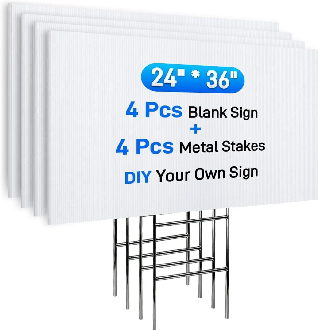 Mulctun 24"x36" 5mm Blank Yard Signs with Stakes,4Pcs Corrugated Plastic Board Yard Signs,Waterproof Corrugated Plastic Sheets for Lawn Signs,Garage Sale,Open House and Real Estate Indoor Outdoor UseWhite