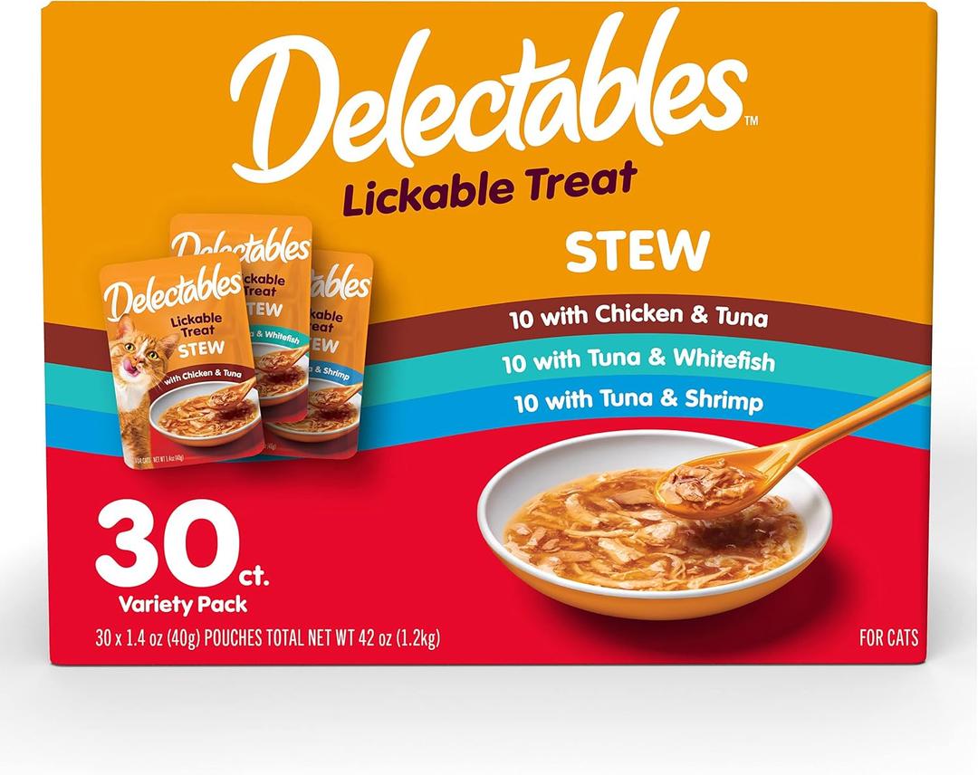 Delectables Lickable Treat Stew Wet Cat Treat Variety Pack, Food Topper, Hydrating, Grain-Free, No Fillers, No By-Products, No Added Preservatives, 1.4oz Pouch, 30ct (EXP 10/24/27)