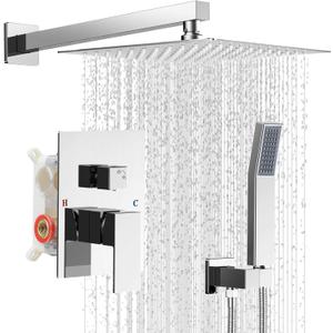 Shower Faucet set with Shower head, Wall Mount 10 Inch Square Rainfall Shower Head and Handle Set Single Handle Shower System Set with Female Threads Valve Body and Trim Included (Chrome) (Chrrome)