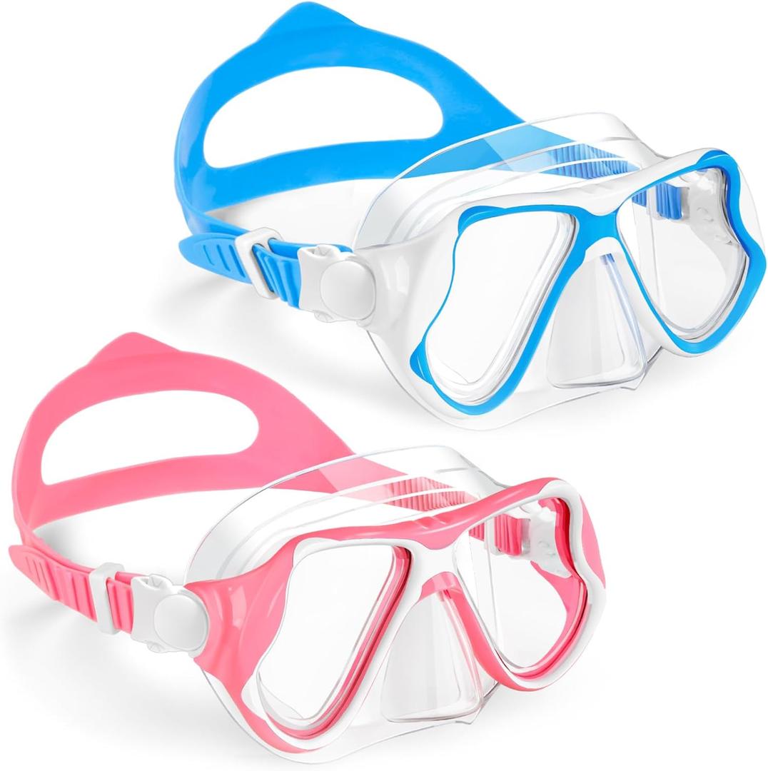 Freela 2 Pack Kids Swim Goggles Mask for Boys Girls 3-14, Tempered Glass Lens 180 HD View with Nose Cover for Pool Beach, Blue & Pink 