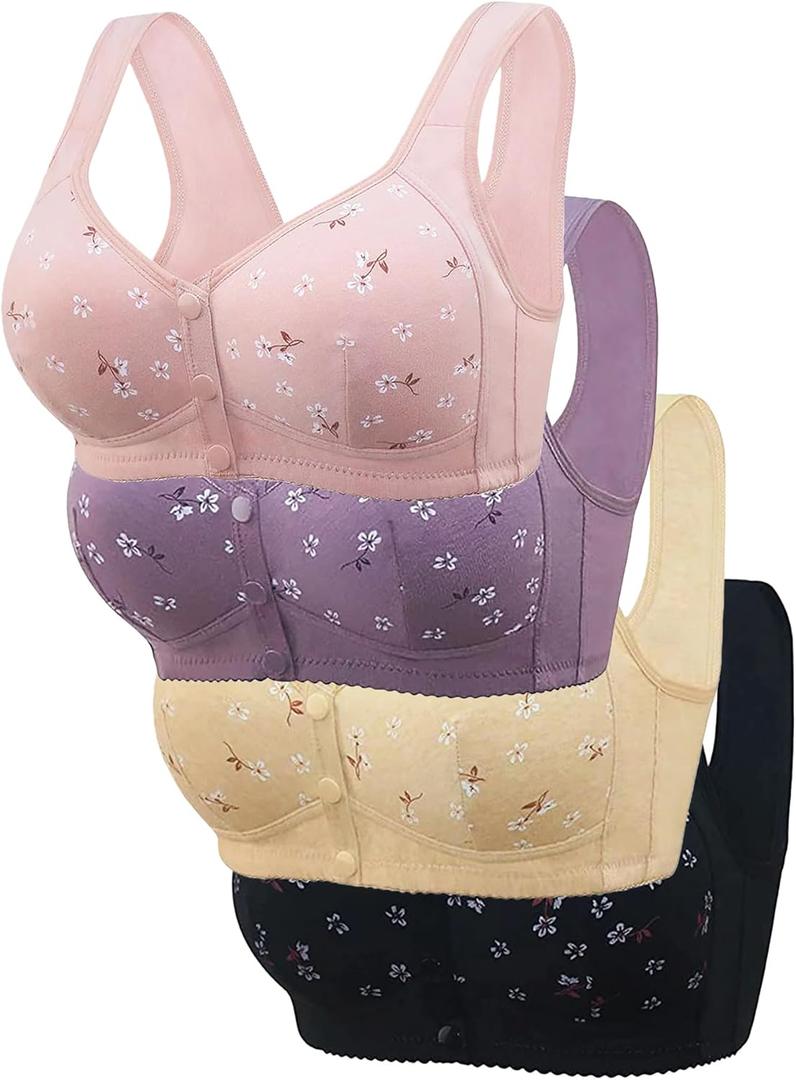 4pcs Daisy Bras for Older Women Padded No Underwire Snap Front Closure Full Coverage Comfort Senior Wireless Bralettes (Large, 4 Pack (Black/Yellow/Pink/Purple))