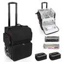 Large Makeup Train Case,Cosmetic Makeup Case for Hairstylist, Hairdresser Bag with Detachable Pouch,Heat Insulation and Anti-scalding Full layer for Hairdressing Tool Organizer Trolley with wheels (XL, Black-with 2 clear bags)
