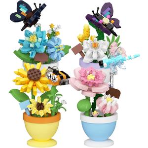 4 Set Mini Flower Cute Insects Potted Plant Bonsai Building Toy Blocks Particle Set Small Flowers Botanical