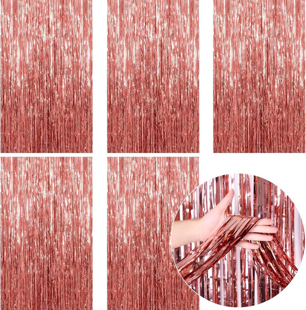 Rose Gold Backdrop Birthday Decorations - Foil Fringe Curtain Streamers for Sweet 16 Party Decorations Birthday Decorations for Women-5 Packs
