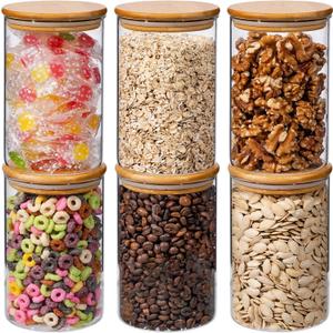 32oz 6PCS Round Airtight Glass Food Storage Jars, Clear Glass Food Storage Container with Bamboo Lid, Stackable Spice Jar, Kitchen Canister for Sugar, Tea, Coffee bean, Pasta, Oat, Spice