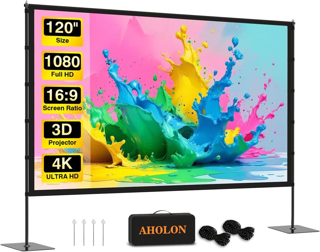 Outdoor Projector Screen with Stand - 120 inch Portable Projector Screens Indoor Outdoor Projector Screen 16:9 4K HD Outdoor Movie Screen with Carry Bag,Enioy Home Theater Projection Screen.