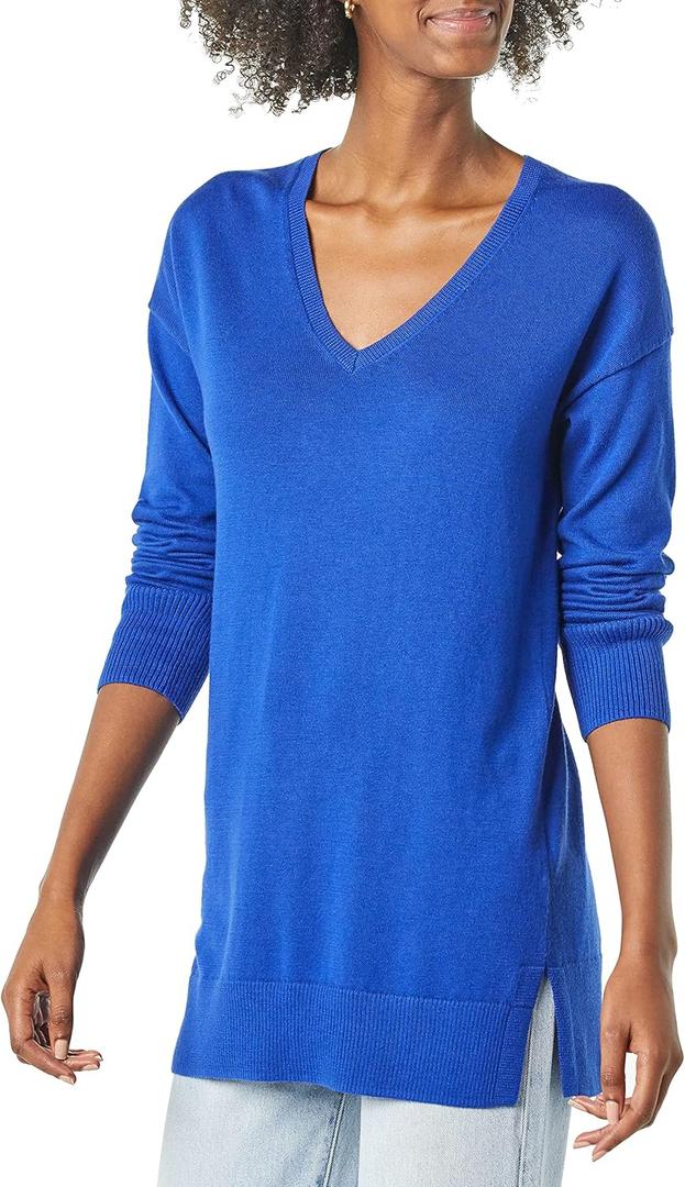Women's Lightweight Long-Sleeve V-Neck Tunic Sweater (XX-Large, Bright Blue)