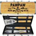 Paw Paw Gifts, Fathers Day Pawpaw Gifts from Grandkids Heavy Duty Wooden BBQ Grilling Accessories Kit for Backyard, Thick Stainless Steel Grill Utensils with Non-Slip Handle Tools in Portable Bag