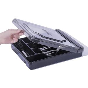 Silverware Organizer With Lid, Utensil Drawer Organizer. Removable Lid, 5 Slots Total Caddy for Flatware Cutlery Knives, Forks, Spoons.Black.