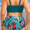 Yonique Women Plus Size High Waisted Bikini - Ribbed Two Piece Swimsuit Tummy Control Bathing Suit V-Wired 2025 Swimwear Colorful Leaves 16W