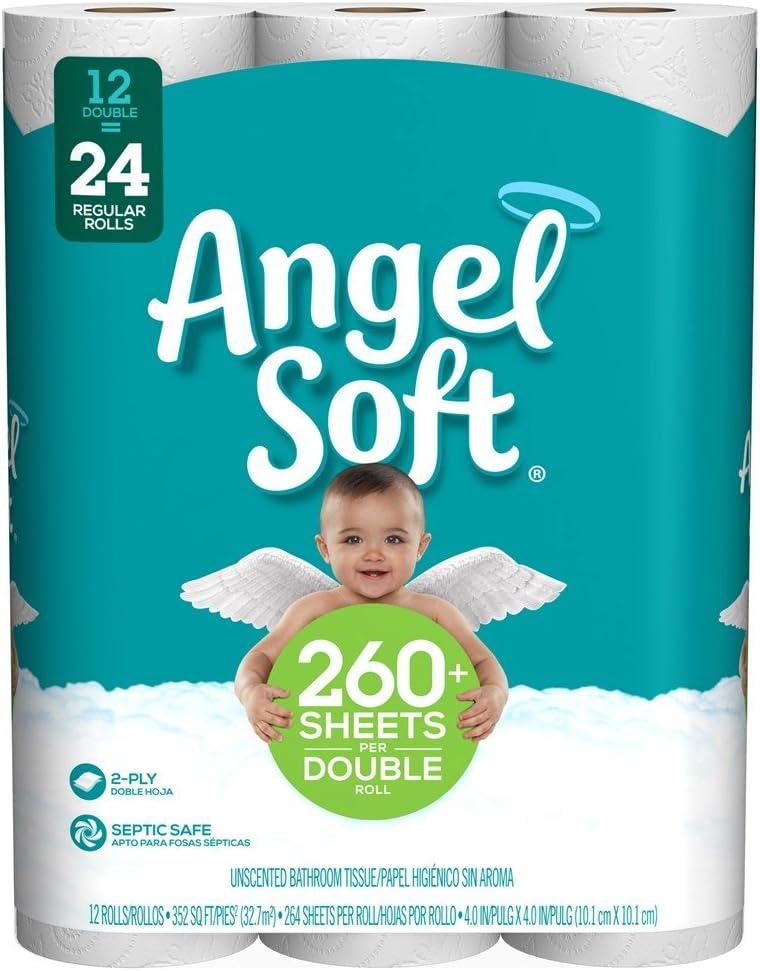 ANGEL SOFT Toilet Paper Bath Tissue, 12 Double Rolls, 260+ 2-Ply Sheets Per Roll
