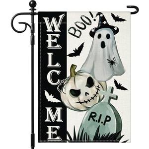 Pack of 4 Artscope Halloween Ghost Pumpkin Tombstone Welcome Garden Flag 12x18 Inch Double Sided, Thanksgiving Seasonal Outdoor Fall Flag for Yard Farmhouse Holiday Decoration