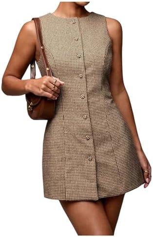 SOLY HUX Women's Plaid Button Down Dress Crew Neck Sleeveless Tie Back Work Office Mini Dresses size S