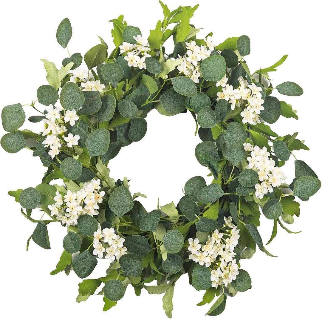 24" Spring Summer Wreaths for Front Door, Artificial Green Eucalyptus White Flower Cherry Blossom Grapevine Base for Farmhouse Porch Wedding Outdoor Indoor Year Round Home Decor