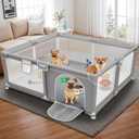 50x50x26 Inches Puppy Playpen with Gate, Dog Playpen for Puppies or Small Dogs, Sturdy Safety Dog Fence Pet Playpen with Thickened Fabric, High-Strength Nylon Wire Mesh for Indoor & Outdoor,Washable (Light Grey-Large)