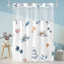 No Hook Shower Curtain and Liner Set, Watercolor Blue Beige Floral Shower Curtains for Bathroom, Modern Hotel Bathroom Curtain Sets with Snap in Liner, 71x74 Inches