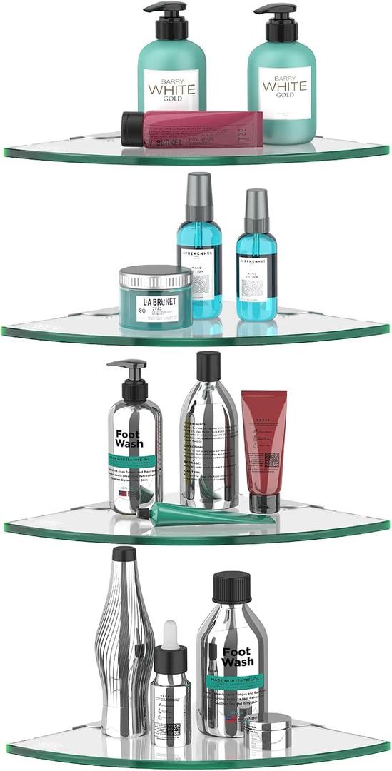 4 Pack Glass Corner Shower Shelf Bathroom Corner Shelves Wall Mounted Tempered Glass Shower Caddy Corner Shelf for Inside Tile Shower Organizer Shampoo Bottle Holder 9.4" R
