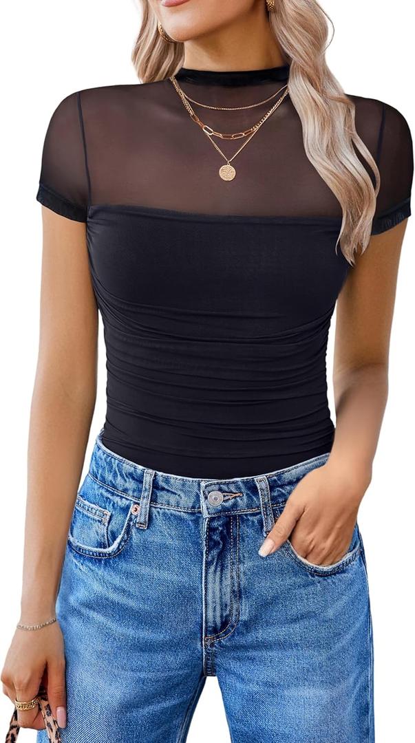 Avidlove Women's Short Sleeve Bodysuit Turtle Neck Body Suits Mesh One Piece Leotard Going Out Tops Date Outfits, Medium, Black