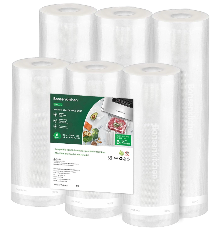 Bonsenkitchen Vacuum Sealer Rolls Bags, 6 Pack 3 Rolls 11" x 20' + 3 Rolls 8" x 20' Commercial Grade BPA Free Bag Rolls, Durable Customized Size Food Vac Bags for Storage and Sous Vide Cooking VB3211