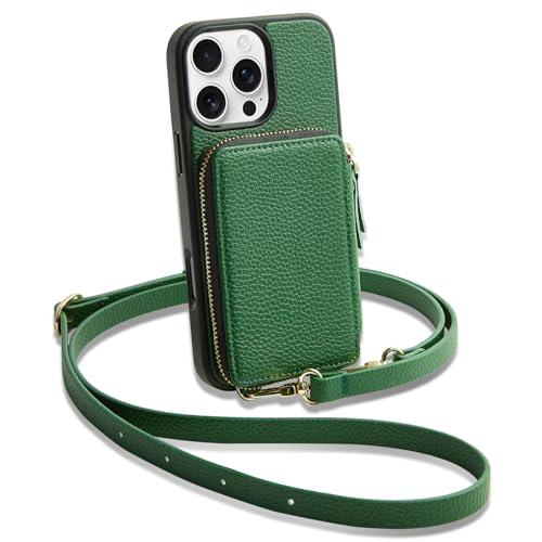 ZVE Wallet Case for iPhone 13 Pro with Card Holder, Phone Purse with Wrist Strap, Crossbody Zipper Leather Phone Cover for iPhone 13 Pro Dark Green