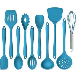 Onader Navy Blue Kitchen Utensils Set, Silicone Cooking Utensils Set of 10 with Turner Spoon Spatula Whisk Pasta Server, Dishwasher Safe